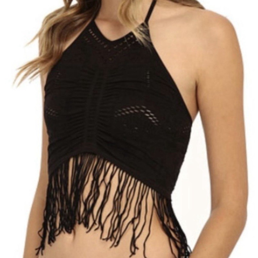 Free People Intimately Black Halter Neck Textured Cutout Fringe Hem Crop Top